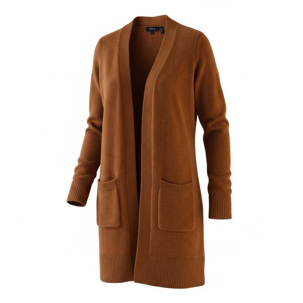 Theory Long Open Front Cardigan Brown Knit Sweater Quiet Luxury Minimalist